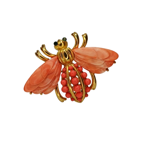 Rare Signed Hattie Carnegie Vintage Bee Peach Lucite Coral Colored Brooch Pin - Picture 6 of 16